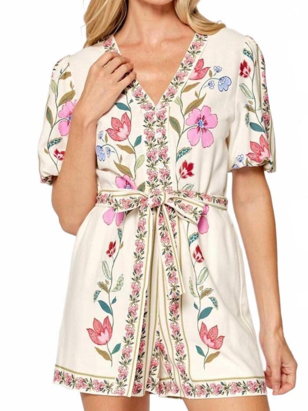 La Lavon Rafaela Flower Print Short Puff Sleeve Boutique Romper Linen Blend READ